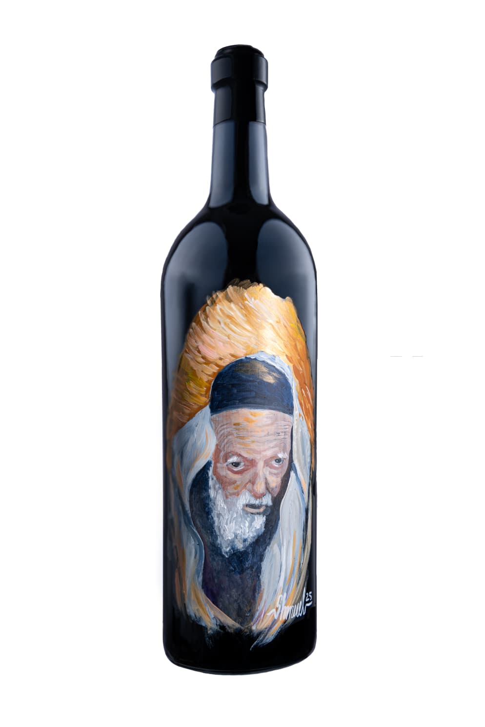 Black bottle painted with a portrait on a white background