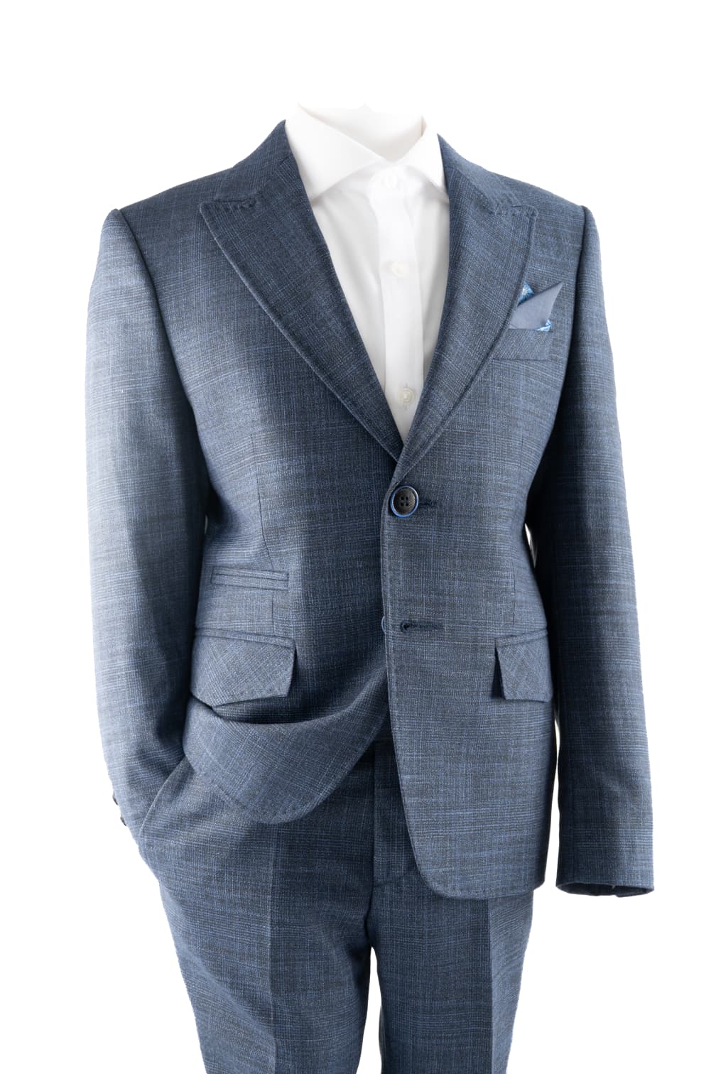 Blue-gray suit and white shirt on a white background