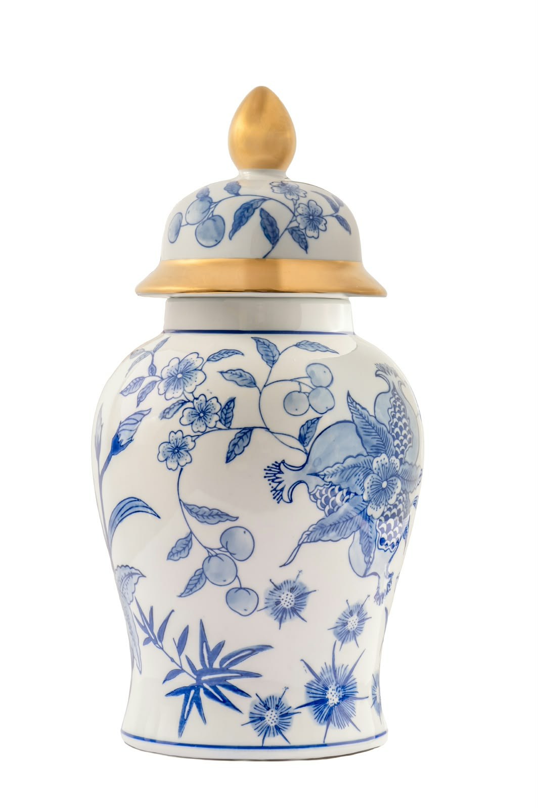 Blue and white porcelain ginger jar with gold lid on white background